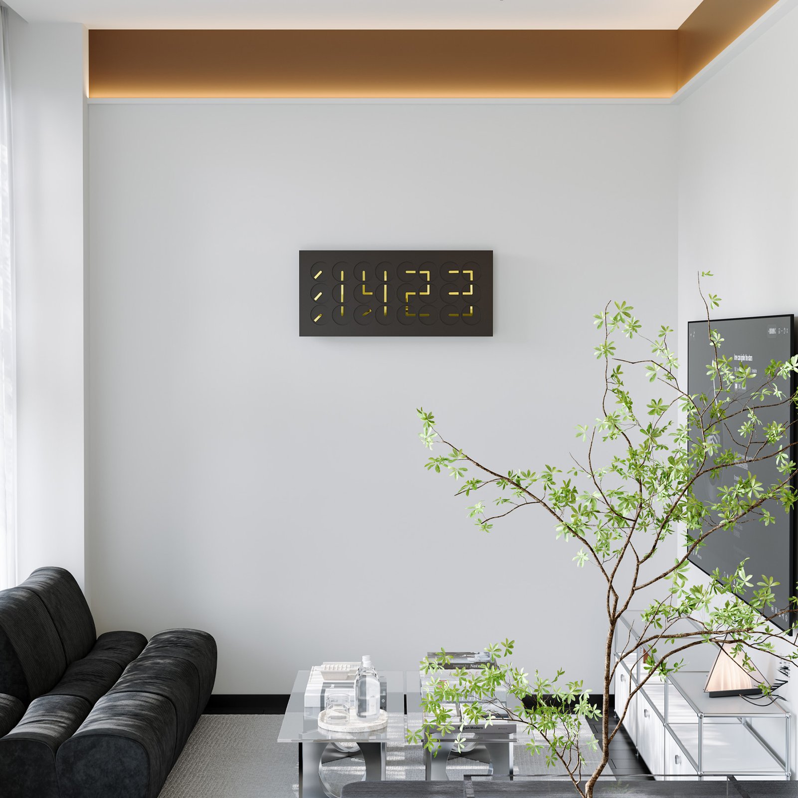 ONTIME24 black and gold kinetic art clock installed on a contemporary interior wall